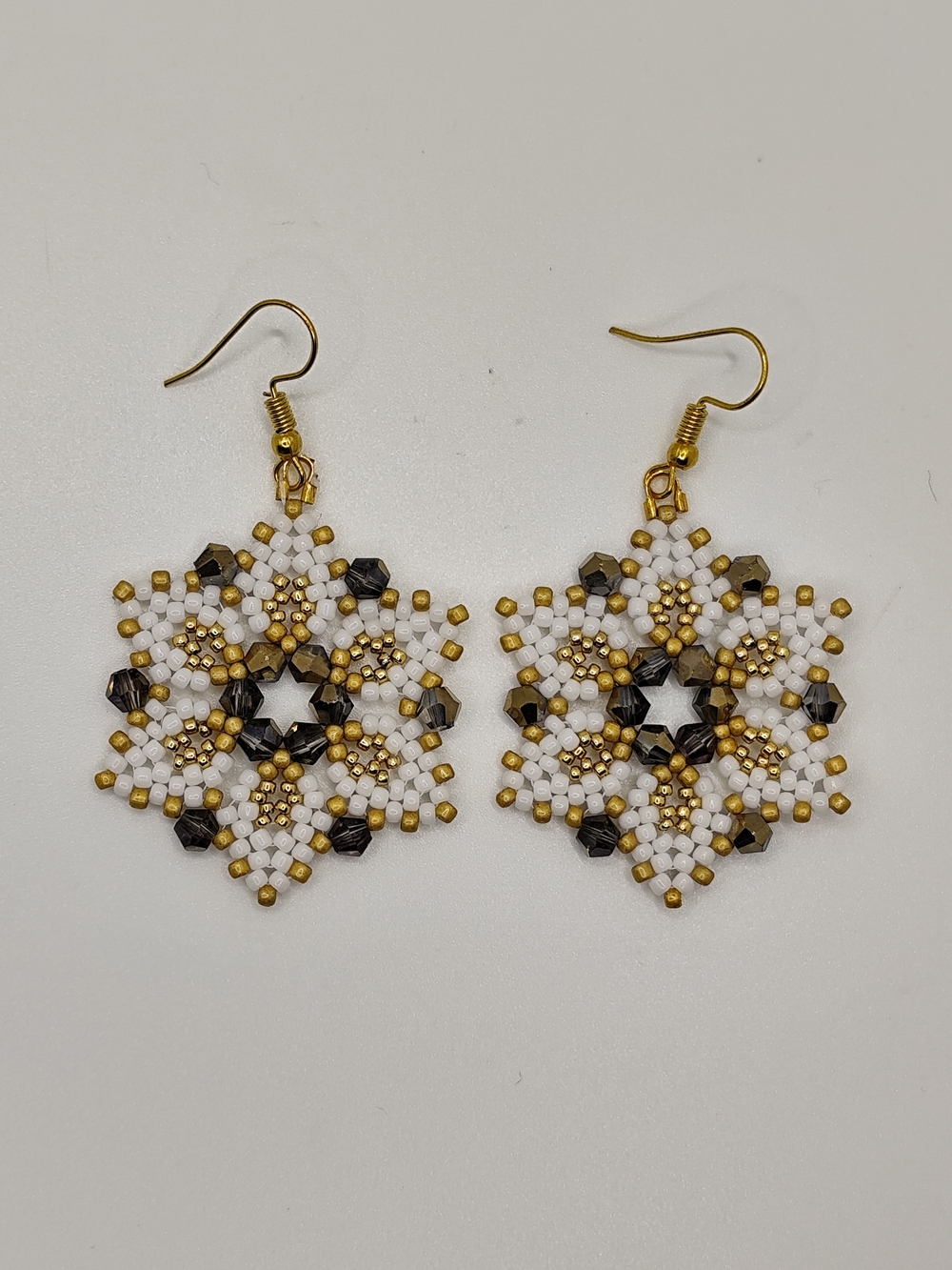 Handcrafted White and Gold Beaded  Earrings